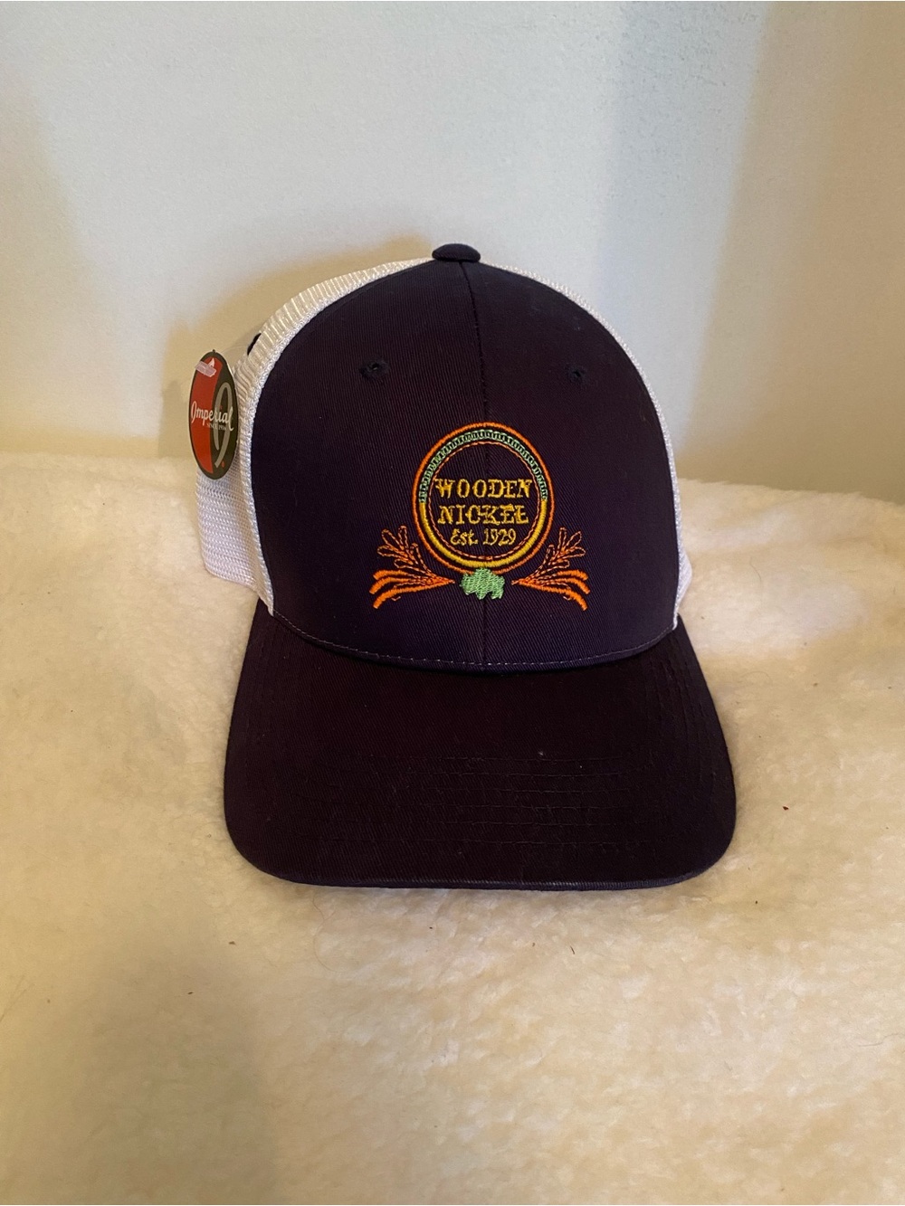 Wooden Nickel Embroidered Trucker Hat - Navy & White